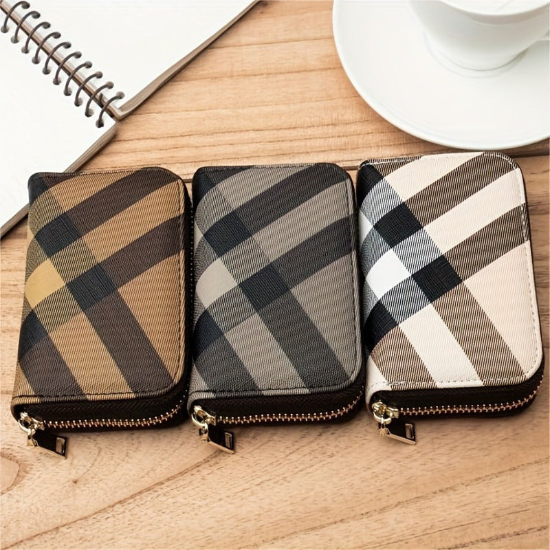 1pc Plaid Pattern Credit Card Holder, Fashion Zipper Small Wallet
