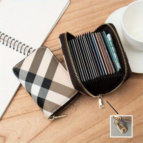 1pc Plaid Pattern Credit Card Holder, Fashion Zipper Small Wallet