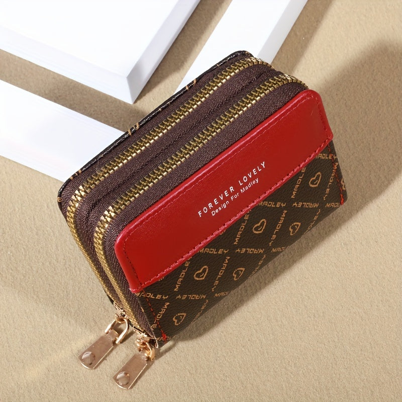 Vintage-Inspired Large Capacity Wallet with Multiple Card Slots, Zipper Closure - Durable, Easy Clean, Color Blocking Splicing Design