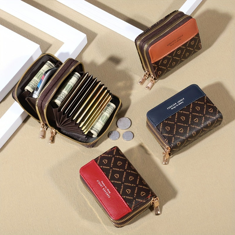 Vintage-Inspired Large Capacity Wallet with Multiple Card Slots, Zipper Closure - Durable, Easy Clean, Color Blocking Splicing Design
